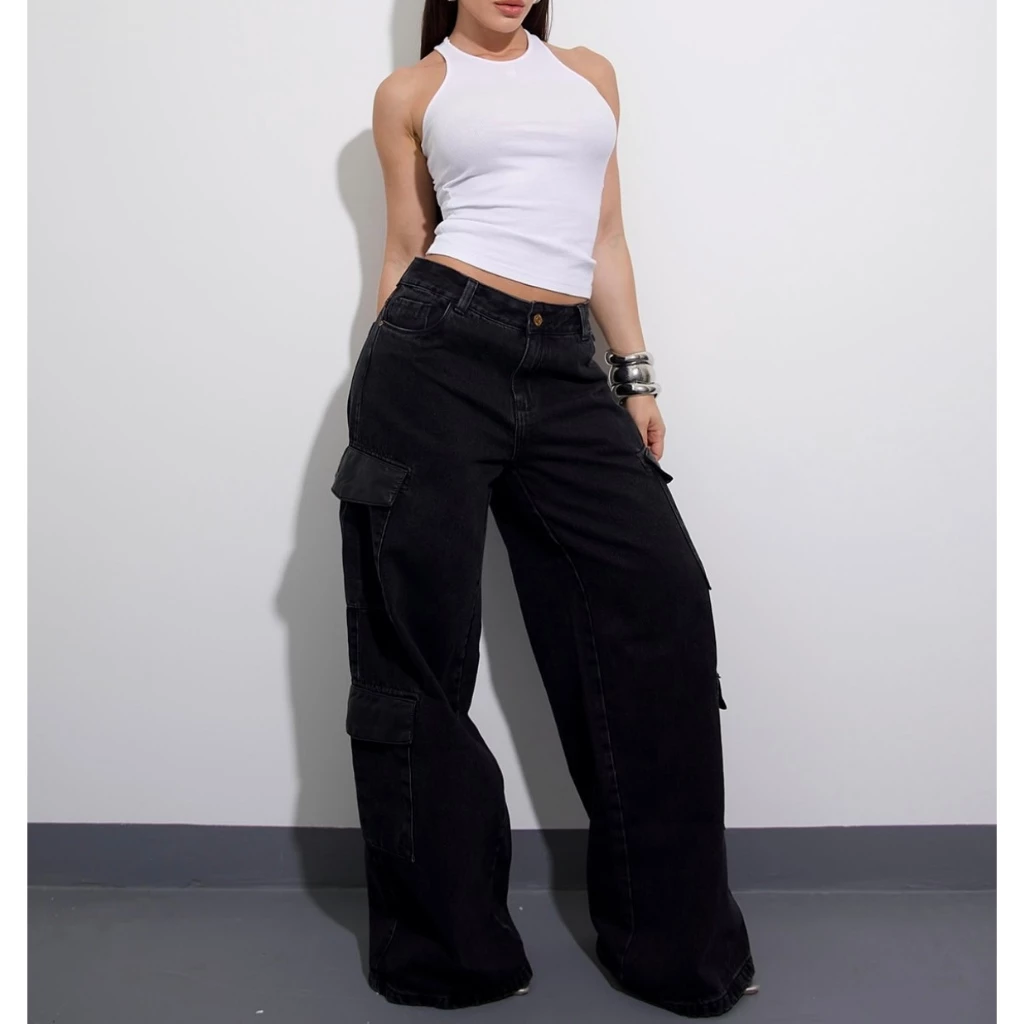 Caláa Cargo Jeans Feminina Preta