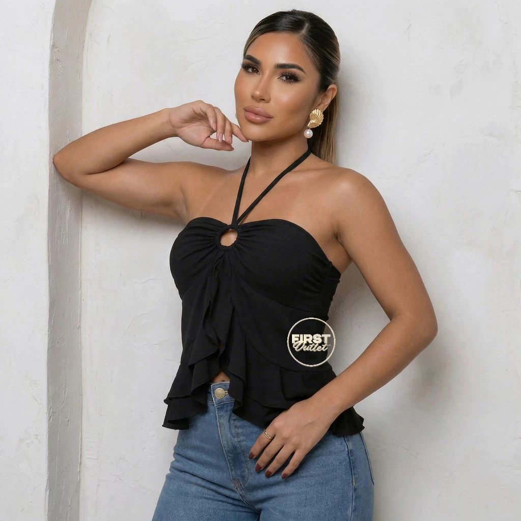 Cropped Top Bata Babado Alfaiataria Tendência